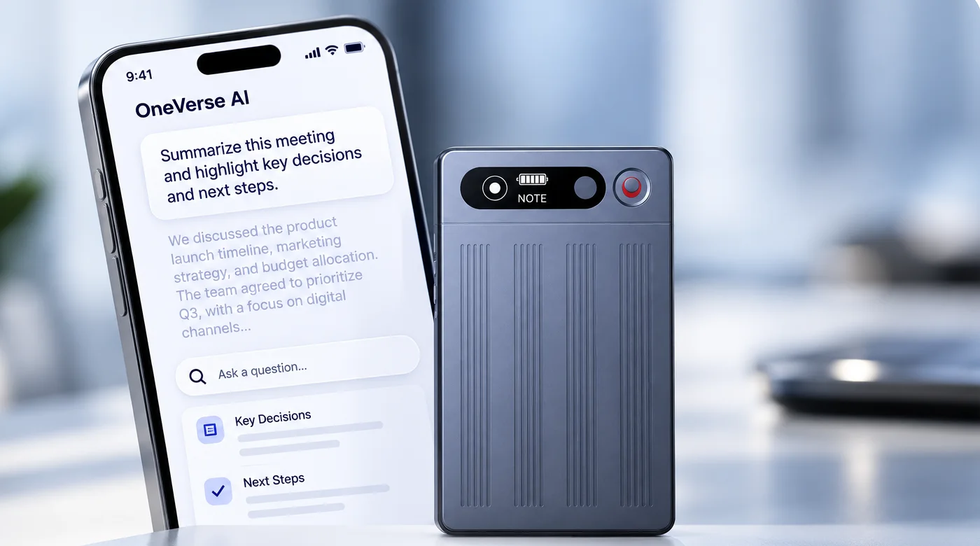 OneVerse app summarising a meeting next to the OneVerse device