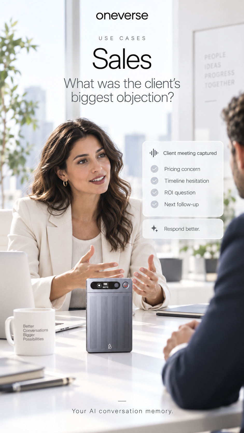 A salesperson in a client meeting with a OneVerse device on the table